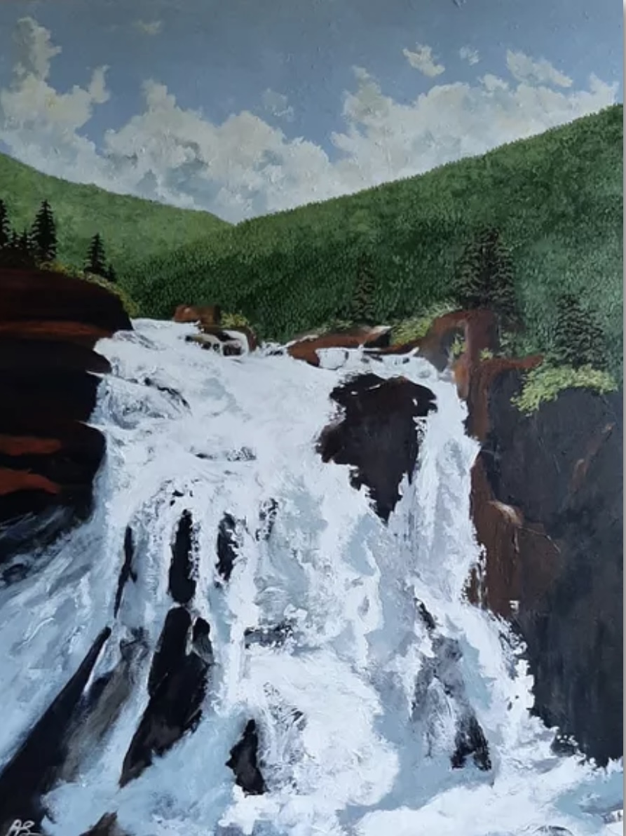 Original Acrylic Painting by Anne Shaughnessy depicting a cascading waterfall in Mont-Tremblant, Quebec