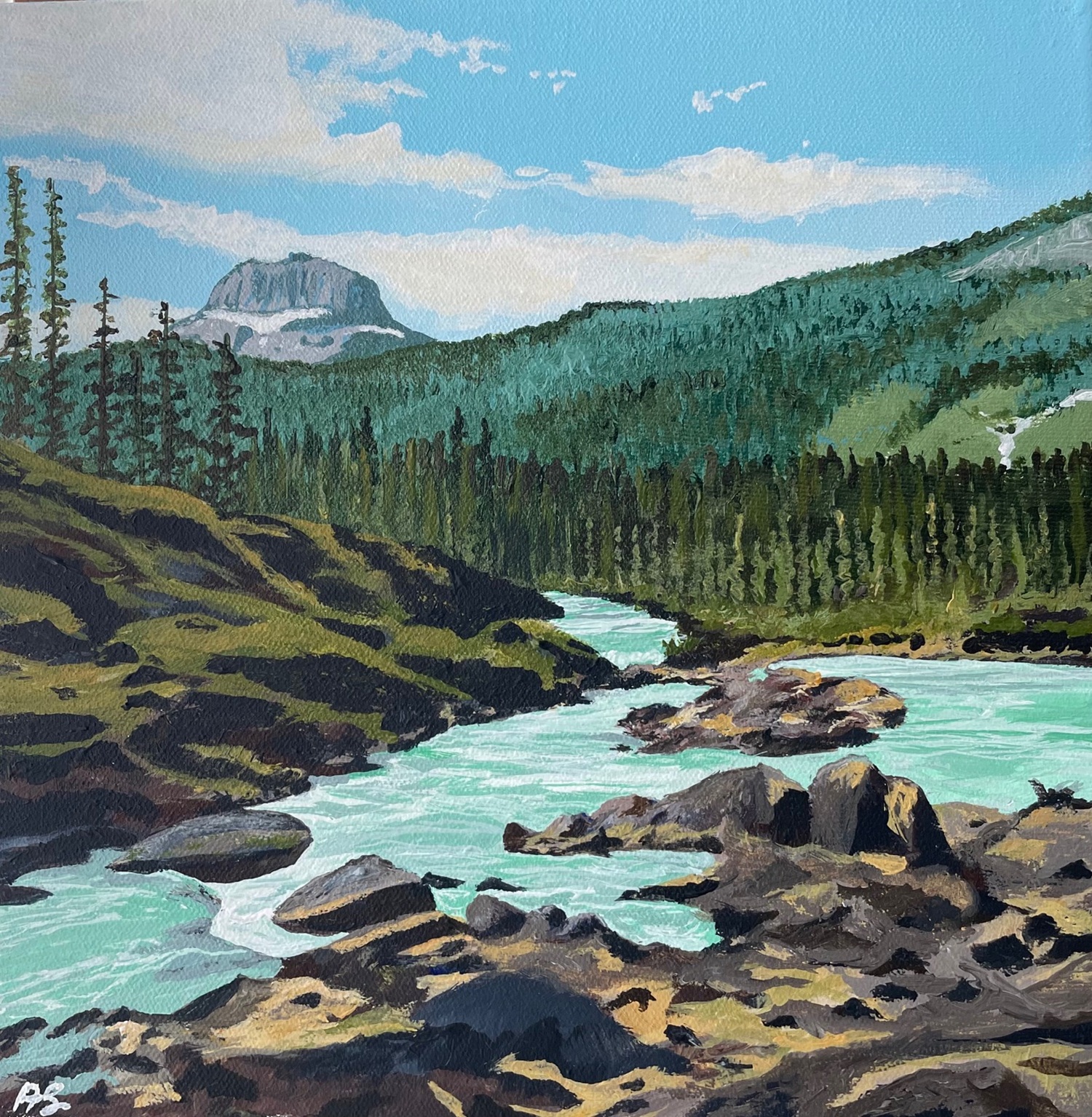 Original Acrylic Painting by Anne Shaughnessy depicting a winding river of emerald waters with mountains in background.