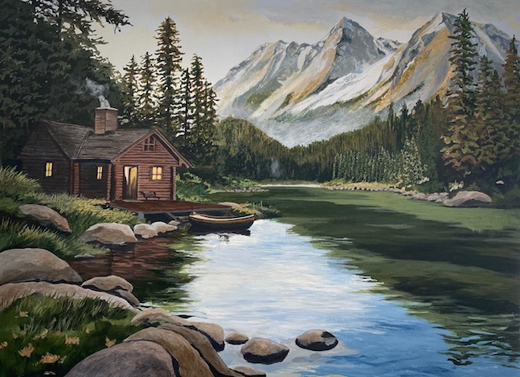 Original Acrylic Painting by Anne Shaughnessy depicting a log cabin by the lake with mountains in the background.