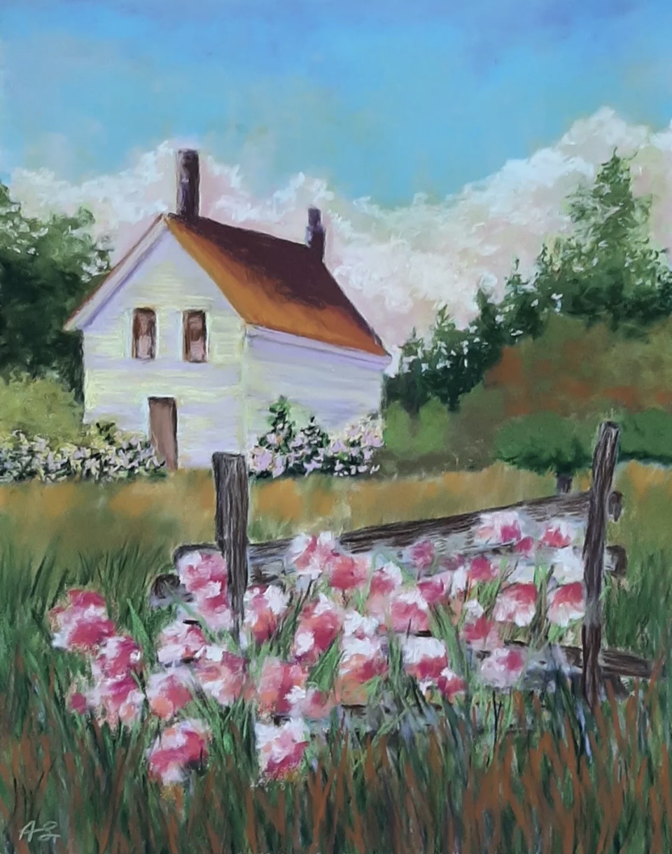Pastel painting by Anne Shaughnessy depicting an old school house in a rural setting with flowers.