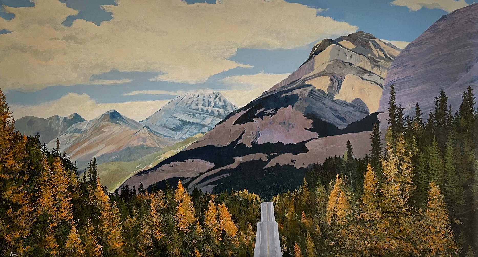 Original Acrylic Painting by Anne Shaughnessy depicting a road passing through mountains with fall foliage.