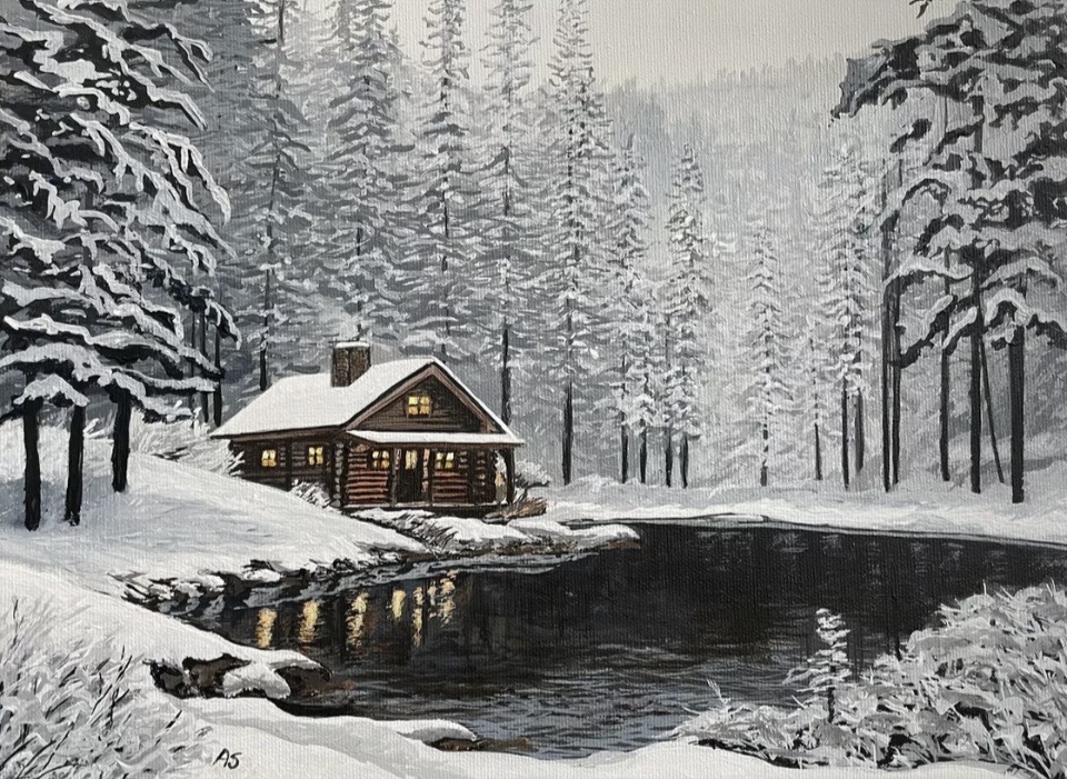 Original Acrylic Painting by Anne Shaughnessy depicting a log cabin by a small lake in the winter with snow.